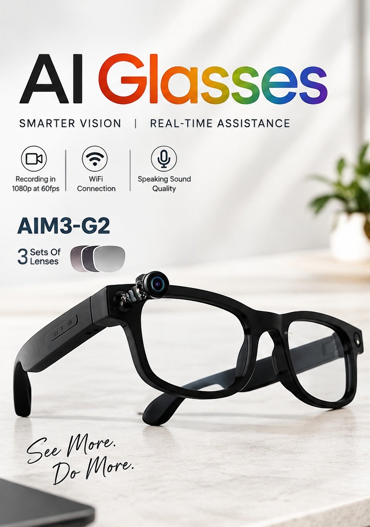 AIM3-G2 AI Smart Glasses – 8MP Camera, AI Assistant & 1080P Video