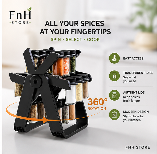 18-Jar Rotating Spice Rack Organizer | 360° Revolving Kitchen Spice Holder with Glass Jars