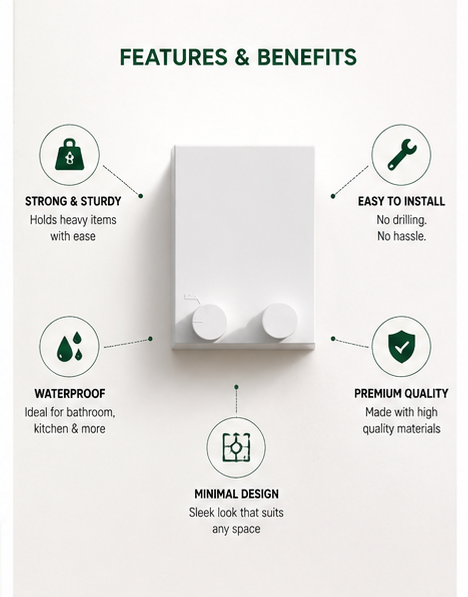 A multi-panel infographic showcasing wall hooks, featuring a white minimalist plastic hook with a silver metal ring. The layout includes sections titled 'Simple Hooks Smart Living', 'Features & Benefits', 'How It Works' with step-by-step instructions, a 'Problem vs Solution' comparison, and a 'Perfect for Every Space' section showing usage in bathrooms, kitchens, bedrooms, and entryways.