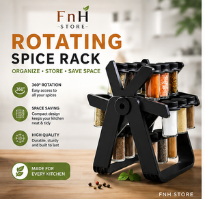 A 4-panel promotional graphic for the FnH Store Spice Rack organizer, showing the black plastic rotating spice rack with clear jars containing colorful spices, plus feature callouts and package contents on a white background.
