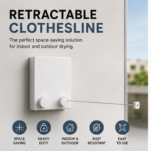 A product infographic for a retractable clothesline, showing the white wall-mounted device from multiple angles with text callouts about indoor and outdoor use, built-to-last quality, and easy-to-use operation.