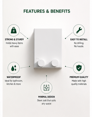 A multi-panel infographic showcasing wall hooks, featuring a white minimalist plastic hook with a silver metal ring. The layout includes sections titled 'Simple Hooks Smart Living', 'Features & Benefits', 'How It Works' with step-by-step instructions, a 'Problem vs Solution' comparison, and a 'Perfect for Every Space' section showing usage in bathrooms, kitchens, bedrooms, and entryways.
