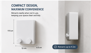 A product infographic for a retractable clothesline, showing the white wall-mounted device from multiple angles with text callouts about indoor and outdoor use, built-to-last quality, and easy-to-use operation.