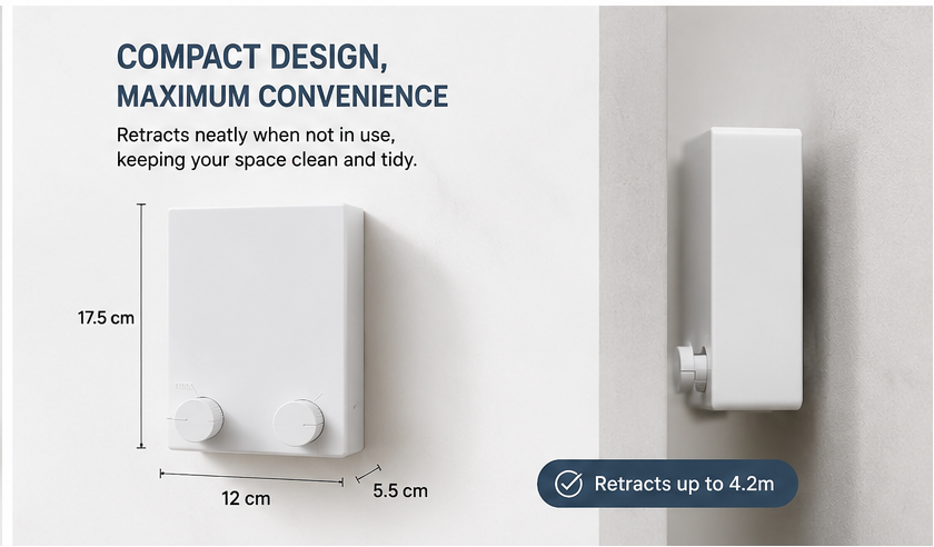 A product infographic for a retractable clothesline, showing the white wall-mounted device from multiple angles with text callouts about indoor and outdoor use, built-to-last quality, and easy-to-use operation.