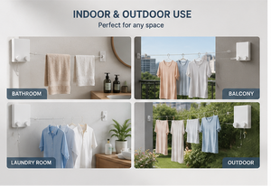 A product infographic for a retractable clothesline, showing the white wall-mounted device from multiple angles with text callouts about indoor and outdoor use, built-to-last quality, and easy-to-use operation.
